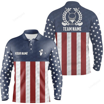 FUNSTUFFPRINT Men Golf Polo Long Sleeve T-Shirts, American Flag Custom Patriotic Team Mens Golf Shirt, Golfing Gifts