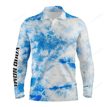 FUNSTUFFPRINT Men Golf Long Sleeve Polo Shirts, Blue Tie Dye Pattern Custom Pattern Golf Shirt For Men