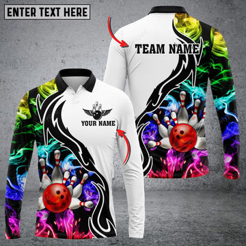 FUNSTUFFPRINT Bowling And Pins Multicolor Smoke Pattern Customized Name Long Sleeve 3D Shirt