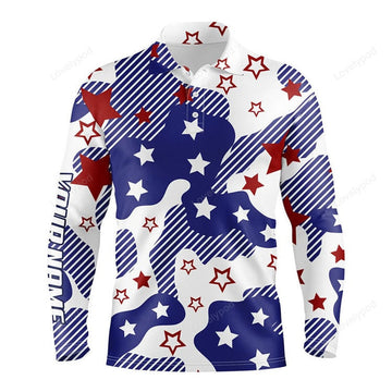 FUNSTUFFPRINT Men Golf Polo Shirts, Red White And Blue Star Pattern Custom Golf Shirt For Men