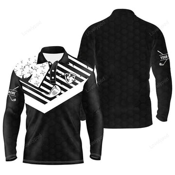FUNSTUFFPRINT Black White Men Golf Polo Shirt, Custom American Flag Golf Patriotic Golf Polo Shirts