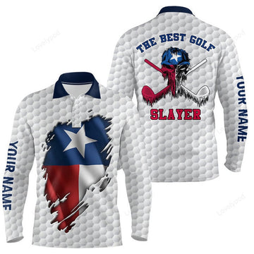 FUNSTUFFPRINT Custom Ripped Texas Flag All Over Print Golf Polo Shirt For Mens, Texas Skull Mens Golf Shirts
