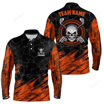 FUNSTUFFPRINT Personalized 3D All Over Print Skull Mens Golf Polo Shirt, Orange & Black Golf Shirts For Men