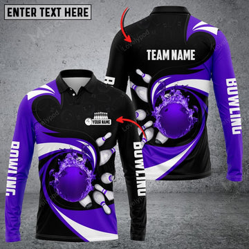 FUNSTUFFPRINT Bowling Ball And Pins Vortex Pattern Multicolor Option, Customized Name Long Sleeve 3D Shirt