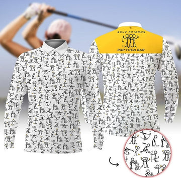 FUNSTUFFPRINT Golf Friends Par Then Bar Men Golf Long Sleeve Polo Shirt, Custom Golf Shirt, Gift For Golf Lover