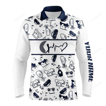FUNSTUFFPRINT Custom Navy And White Men Love Golf Polo Shirts Funny Golf Heartbeat Tops For Men, Cool Golf Gifts