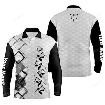 FUNSTUFFPRINT Black and white Men golf polo shirt, custom name men's golf apparel, gifts for golf lovers