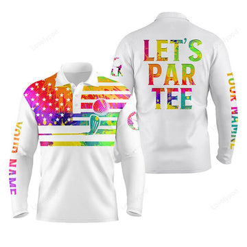 FUNSTUFFPRINT Men Golf Long Sleeve Polo Shirt, Watercolor American Flag Custom Name Let’S Par Tee White Golf Shirt