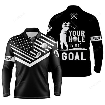 FUNSTUFFPRINT Black Men Golf Long Sleeve Polo Shirt, White American Flag Custom Name Your Hole Is My Goal Funny Golf Team Shirt