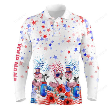 FUNSTUFFPRINT American flag Men golf polo shirts, custom name patriotic pink flamingo white men golf tops