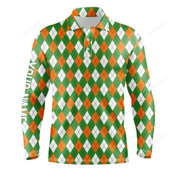FUNSTUFFPRINT Men golf polo shirts custom green, orange, white St. Patrick day Argyle plaid pattern golf shirts