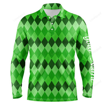 FUNSTUFFPRINT Men golf polo shirts, green argyle pattern golf shirts custom team golf polo for men St Patrick day