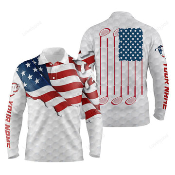 FUNSTUFFPRINT Golf white polo shirt men, custom name American flag patriotic Polo shirt