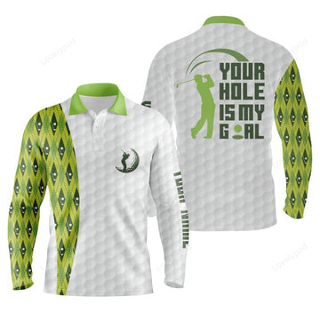 FUNSTUFFPRINT Funny Men golf polo shirts, custom your hole is my goal green argyle pattern white golf balls shirts