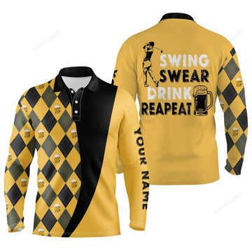 FUNSTUFFPRINT Men golf polo shirts custom name swing swear drink repeat, personalized beer golf shirt for men
