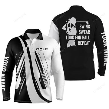 FUNSTUFFPRINT Black And White Men Golf Long Sleeve Polo Shirt, Custom Name Swing Swear Look For Ball Repeat Golf Shirt For Men