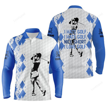 FUNSTUFFPRINT Blue Men golf polo shirt, I hate golf nice shot I love golf custom name funny golf gifts