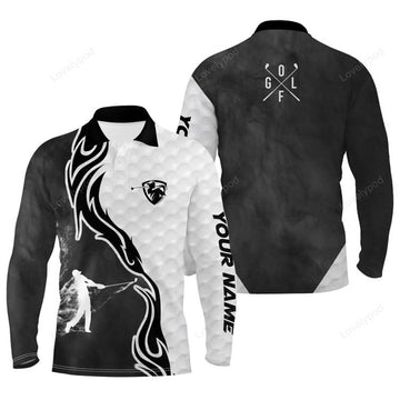 FUNSTUFFPRINT Black and white golf player long sleeve golf polo shirts for men, custom name golfer gifts