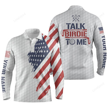 FUNSTUFFPRINT Funny Men golf polo shirt, custom American flag patriotic white golf shirts talk birdie to me
