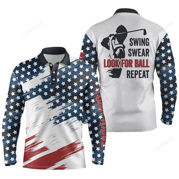 FUNSTUFFPRINT American flag Men golf polo shirts, custom name patriot golf gifts, swing swear look for ball repeat