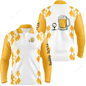 FUNSTUFFPRINT White Yellow Men golf polo shirt, Golf & beer custom name golf gifts for men, dad