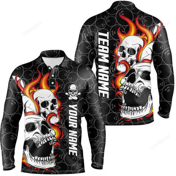 FUNSTUFFPRINT Black Camo Bowling Skull Long Sleeve Polo Shirt, Bowling Shirts For Men