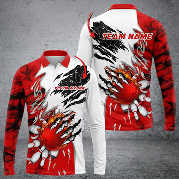 FUNSTUFFPRINT Bowling And Pins Plame Monster Hand Premium Custom Name Long Sleeve Polo Shirt, Men Bowling Shirts
