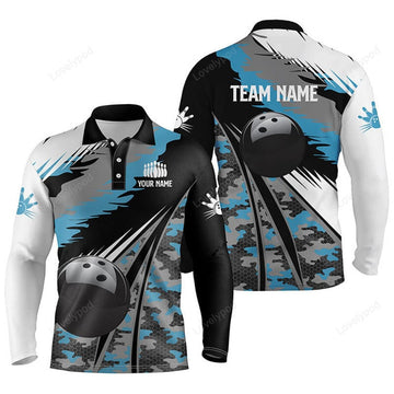 FUNSTUFFPRINT Men Polo Bowling Long Sleeve Polo Shirts, Custom Black Ball Blue Camo Bowling Team Shirt, Gift For Bowlers