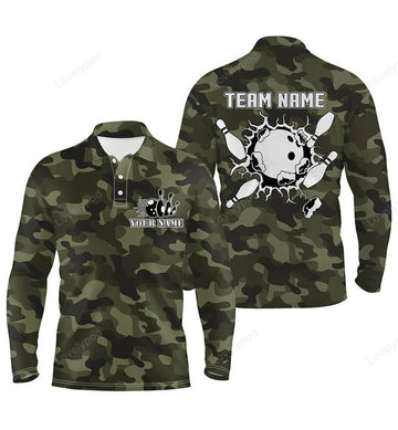 FUNSTUFFPRINT Bowling Long Sleeve Polo Shirts For Men, Custom Bowling Ball And Pins Green Camo Men'S Bowling Team Jersey