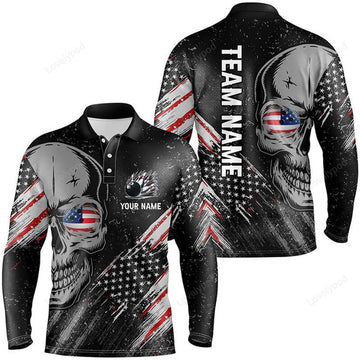 FUNSTUFFPRINT Black American flag retro bowling Long Sleeve T-Shirt, custom skull Men Bowling Polo Shirt, gifts for bowler