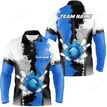 FUNSTUFFPRINT Black White Bowling Fire League Long Sleeve Polo Shirt, Custom Men Bowling Polo Shirt, Gifts For Bowler