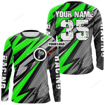 FUNSTUFFPRINT Custom Motocross Green , Men Kid Dirt Bike Shirt, Logo MX Off-Road Jersey 3D Long Sleeve T-Shirt