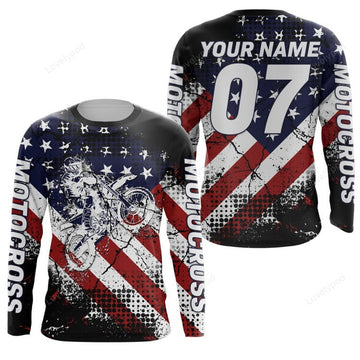 FUNSTUFFPRINT Custom American flag jersey, Motocross customizable dirt bike off-road motorcycle 3D Long Sleeve T-Shirt