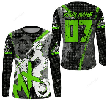 FUNSTUFFPRINT Custom Kids boys girls custom Motocross off-road jersey green, xtreme MX dirt bike shirt motorcycle 3D Long Sleeve T-Shirt