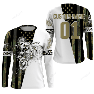 FUNSTUFFPRINT Custom Adult Dirt bike racing jersey, custom Patriotic Motocross offroad American flag motorcycle 3D Long Sleeve T-Shirt
