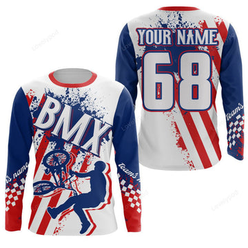 FUNSTUFFPRINT Custom American BMX racing jersey, Patriotic Cycling Shirt, Bicycle Motocross Racewear 3D Long Sleeve T-Shirt