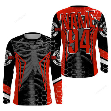 FUNSTUFFPRINT Custom Racing Jersey, Cool Bone Motorcycle Motocross Off-Road Riders 3D Long Sleeve T-Shirt