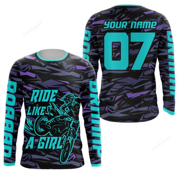 FUNSTUFFPRINT Custom Ride Like A Girl Personalized MX Racing Jersey, Girls Women Motocross Dirt Bike 3D Long Sleeve T-Shirt