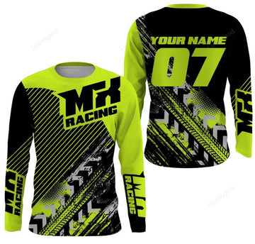 FUNSTUFFPRINT Custom MX Racing Jersey, Personalized Motocross Green Dirt Bike Riders Off-road Motorcycle 3D Long Sleeve T-Shirt