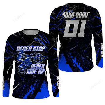 FUNSTUFFPRINT Custom dirt bike jersey men women, blue Motocross racing shirt, Never Stop motorcycle 3D Long Sleeve T-Shirt