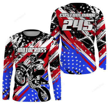 FUNSTUFFPRINT Custom USA Flag Motocross Jersey Kid Men, Custom Dirt Bike Shirt, MX Racing Off-Road Motorcycle 3D Long Sleeve T-Shirt