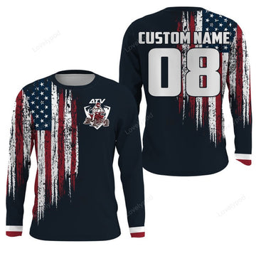 FUNSTUFFPRINT Custom ATV Motocross Jersey, Custom Quad Bike Off-Road Shirt, USA Flag ATV MX Patriotic 3D Long Sleeve T-Shirt