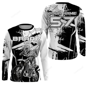 FUNSTUFFPRINT Custom Skull black MX jersey Motocross, custom dirt bike off-road motorcycle 3D Long Sleeve T-Shirt
