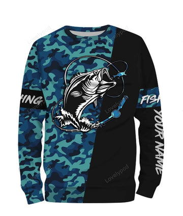 FUNSTUFFPRINT Custom Bass Fishing Sea Camo Custom Name Full Printing Shirts, Personalized fishing long sleeve for Men and Women 3D Long Sleeve T-Shirt