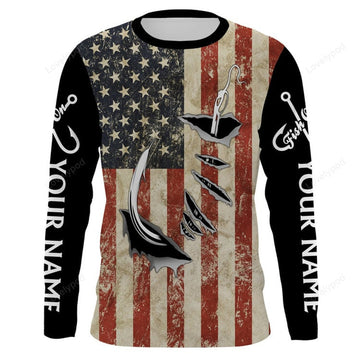 FUNSTUFFPRINT Custom US Fishing 3D Fish Hook American Flag patriotic fish on UV protection customize long sleeves fishing apparel 3D Long Sleeve T-Shirt