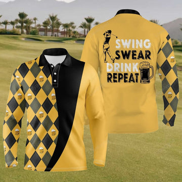 FUNSTUFFPRINT Swing Swear Drink Repeat Mens Long Sleeve Polo Shirt, Golf Shirts For Men