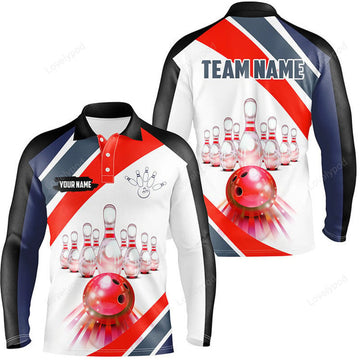 FUNSTUFFPRINT Red Light Bowling Long Sleeve Polo Shirt, Custom Bowling Ball And Pins Team League Jerseys