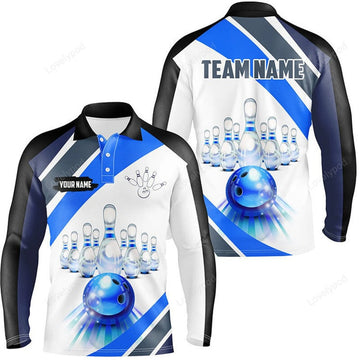 FUNSTUFFPRINT Blue Light Bowling Long Sleeve Polo Shirt, Custom Bowling Ball And Pins Team League Jerseys