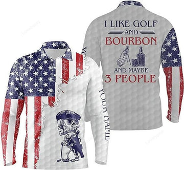 FUNSTUFFPRINT Custom Golf Long Sleeve Polo Shirt, Custom Name Mens Golf Shirt, I Like Golf And Bourbon And May Be 3 People