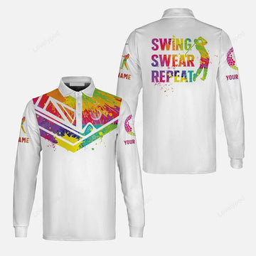 FUNSTUFFPRINT Custom Golf Men'S Long Sleeve Polo Shirt - Watercolor New Zealand Flag Custom Name White Apparel, Swing Swear Repeat